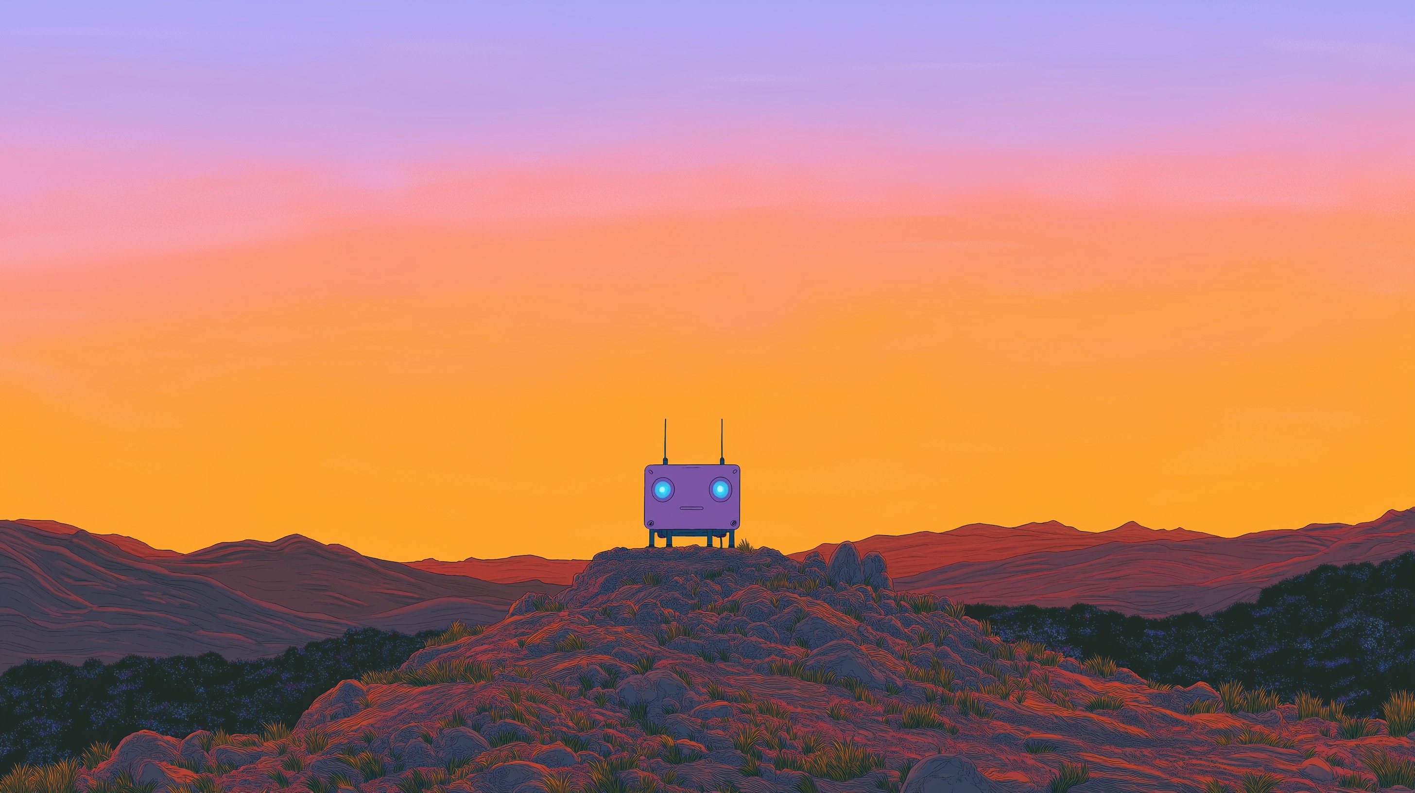 Sunset landscape with robot